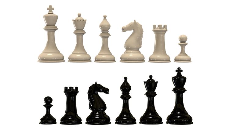 Šachové figúrky biele a čierne - kráľ, dáma, strelec, kôň, veža a pešiak